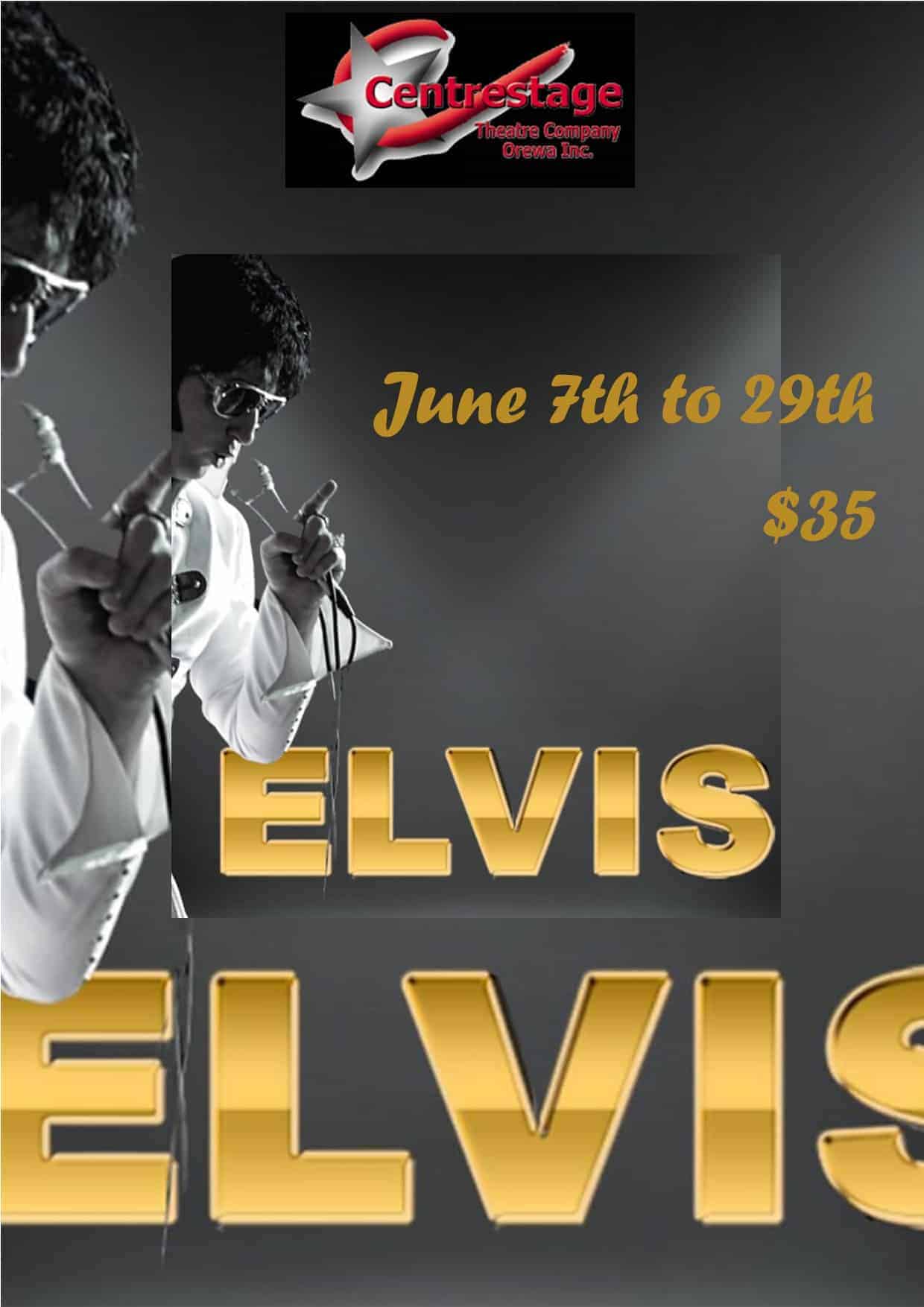 Elvis impersonator show ad with date and ticket price.