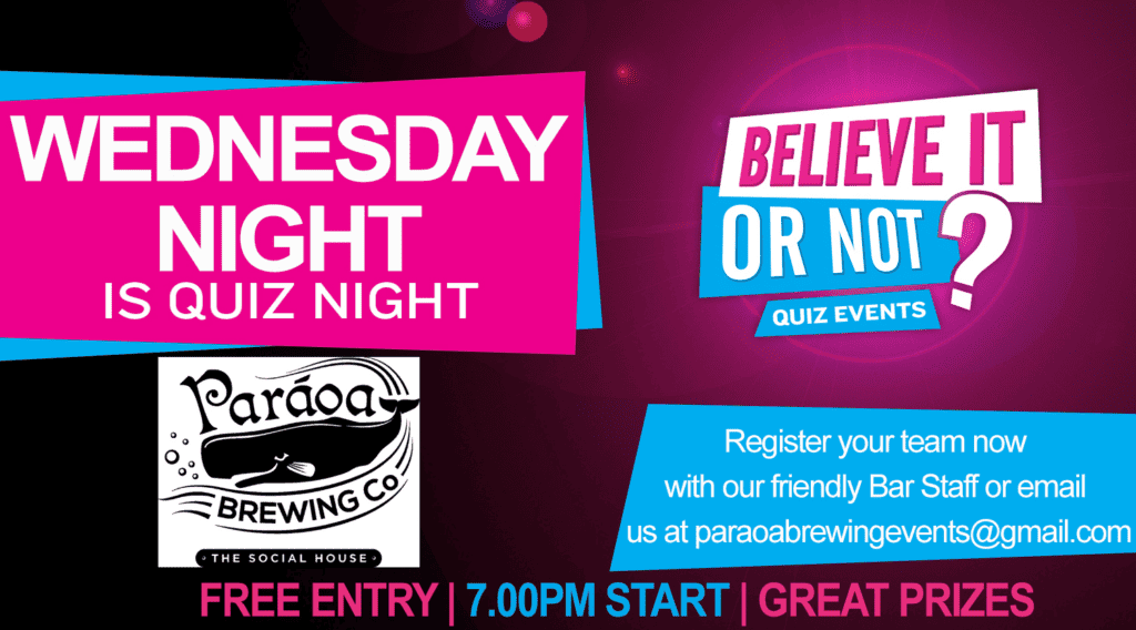 Promotional quiz night event advertisement with contact details