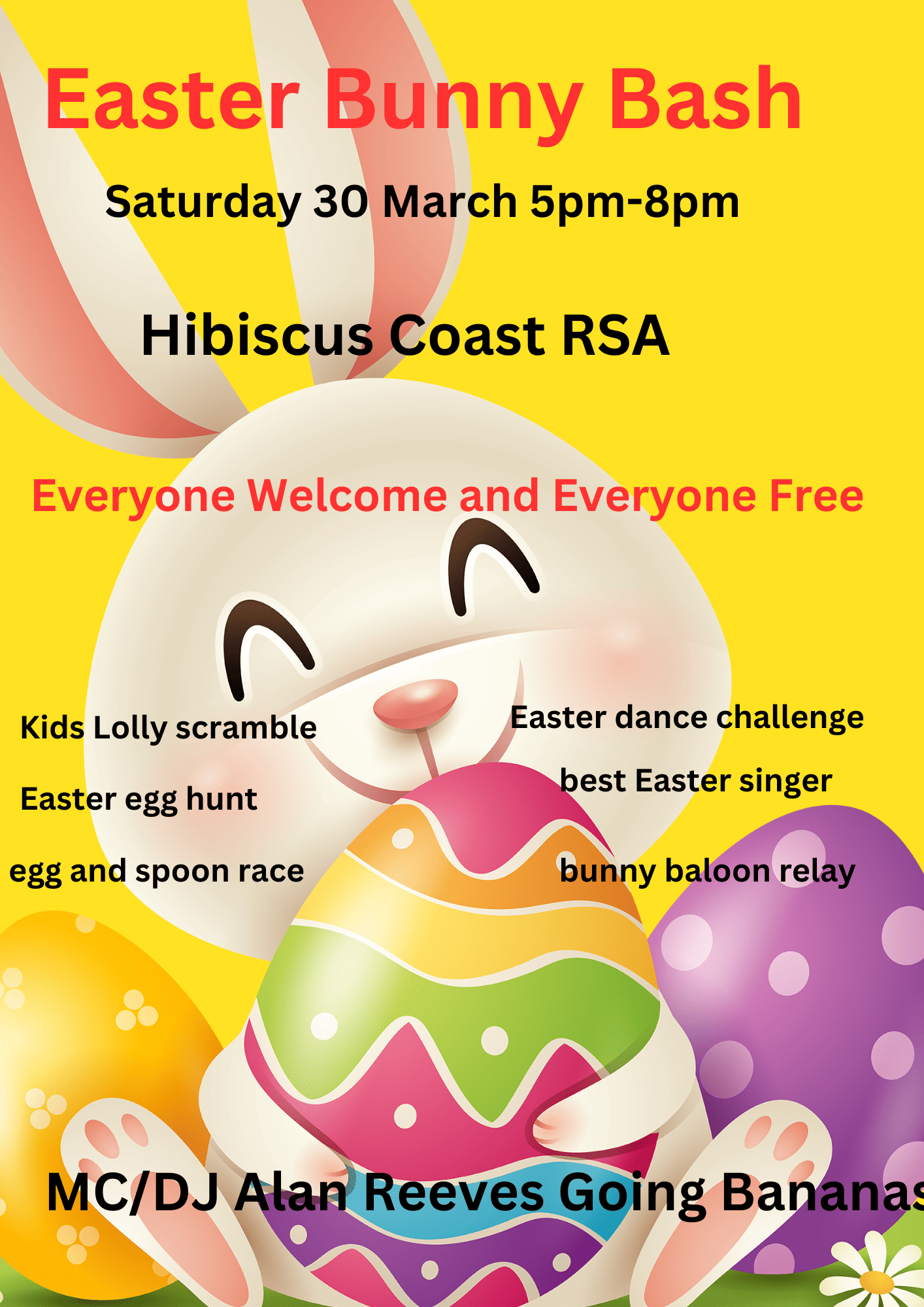 Colorful Easter event flyer with activities and entertainment details.