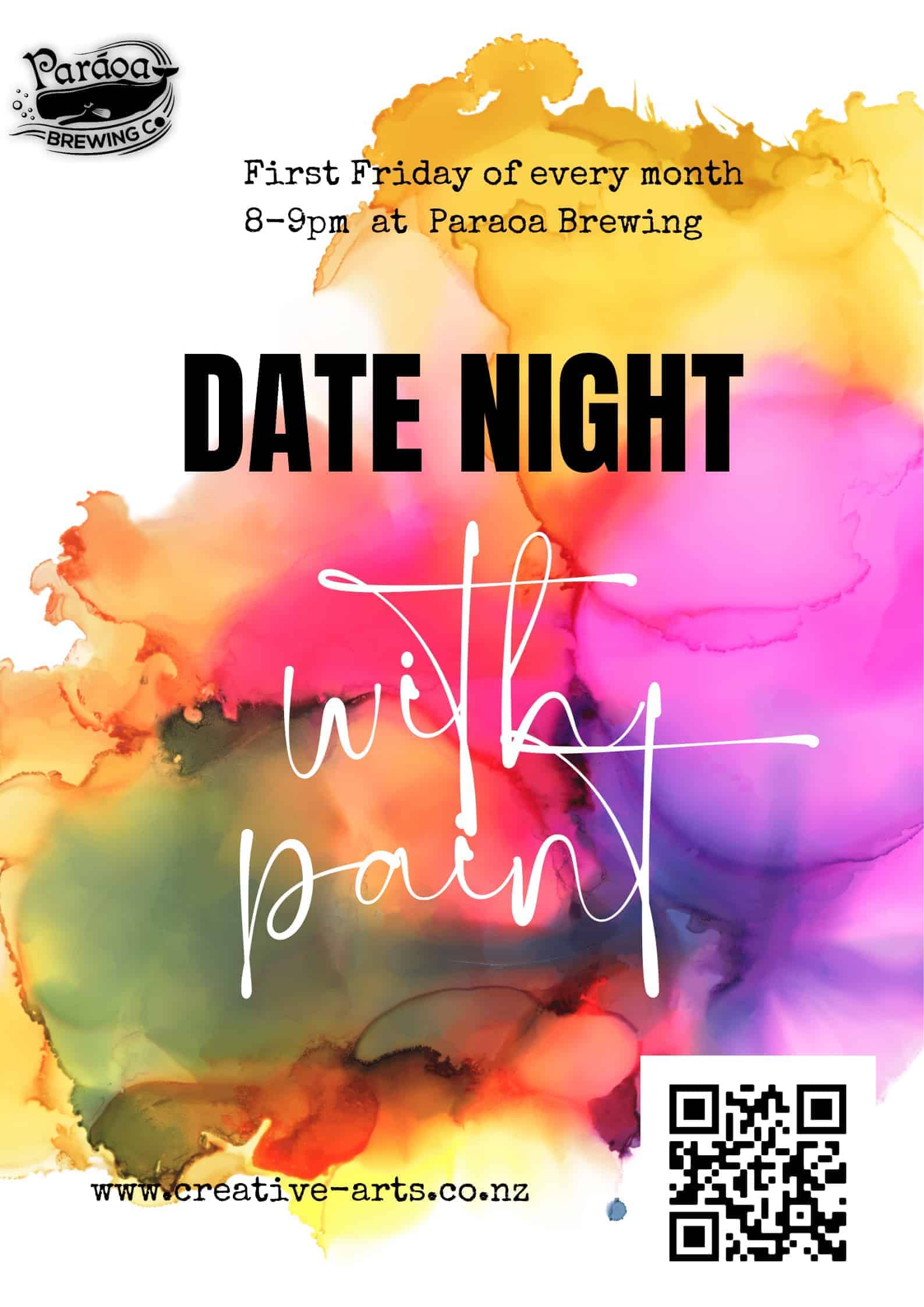 Colorful Date Night Paint Event flyer with QR code.