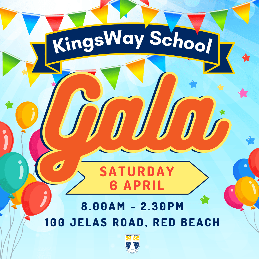 Colorful KingsWay School Gala event flyer with date and time.