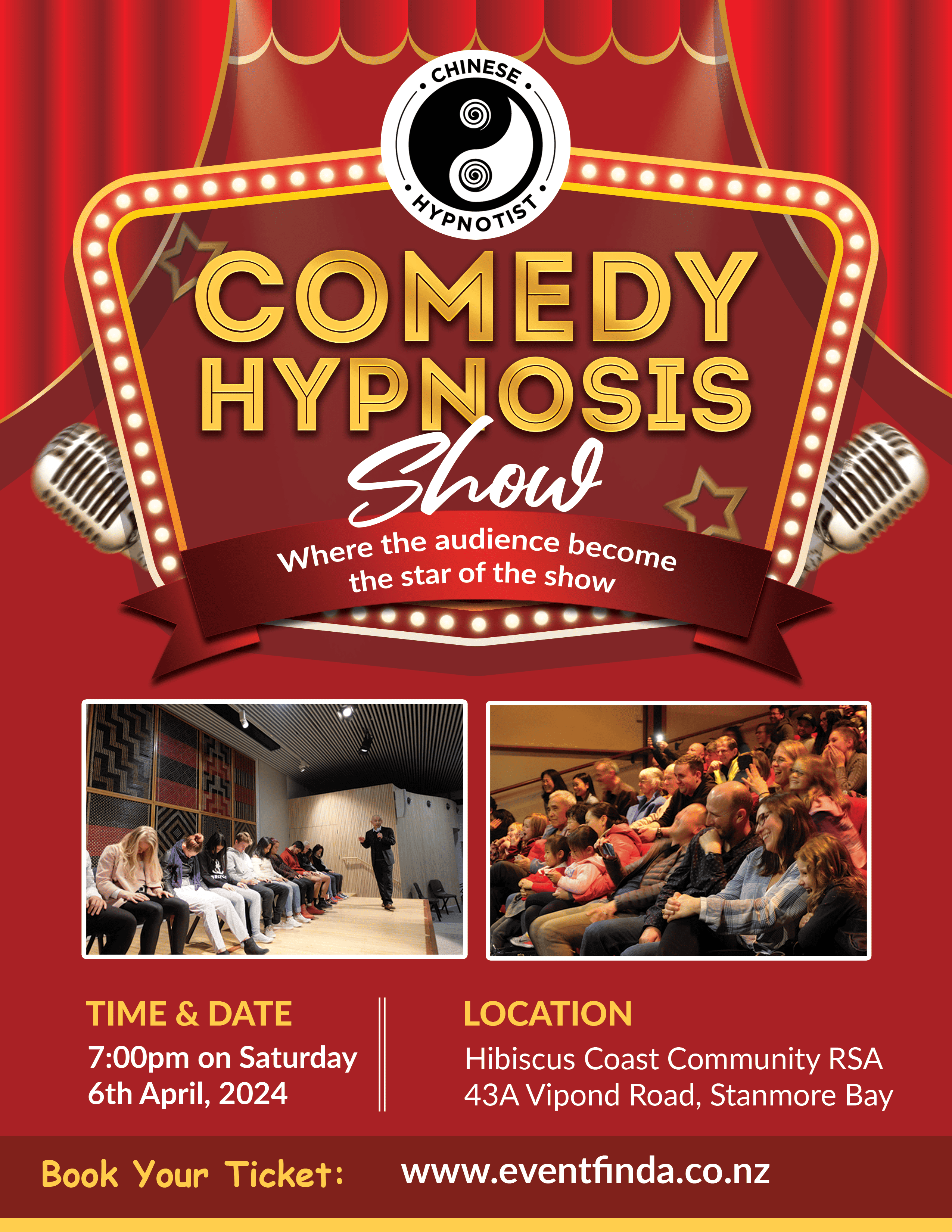 Comedy Hypnosis Show flyer with event details and audience photo.