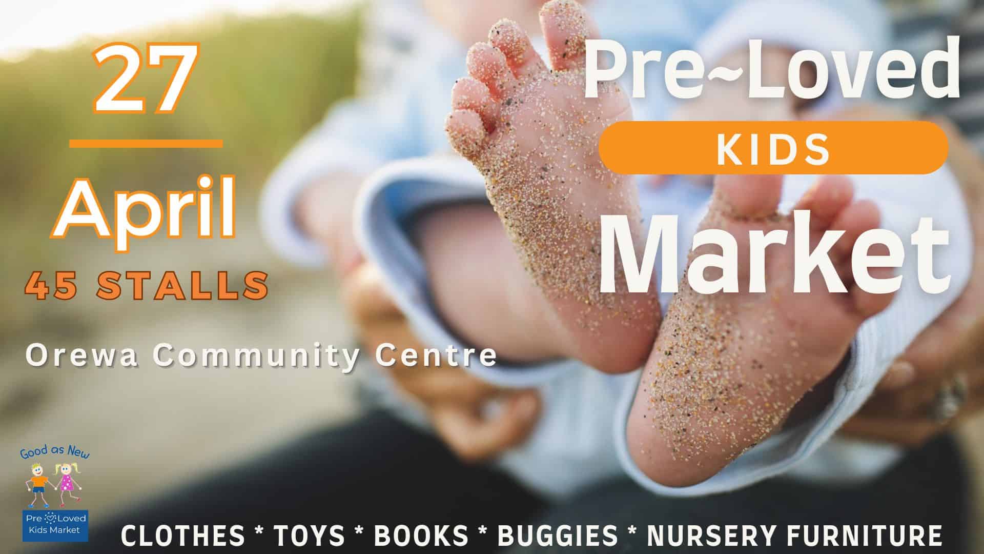 April kids market event with baby's sandy feet.